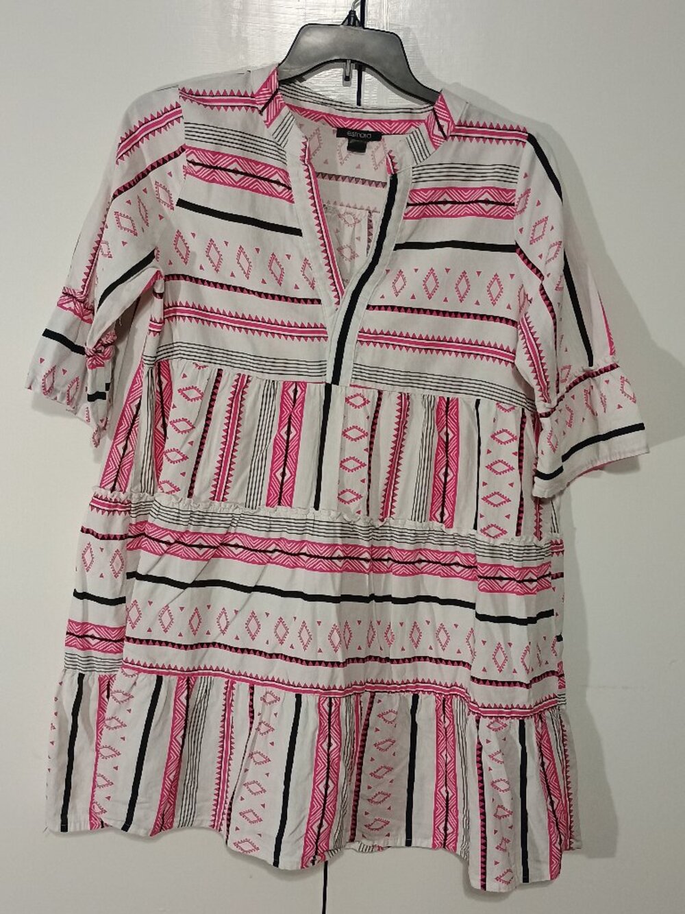 Esmara Pink Black White Geometric Tiered Boho Mini Dress 3/4 Bell Sleeve L - Picture 2 of 8